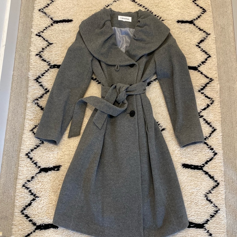Calvin Klein long wool coat with shawl collar. Lightly worn